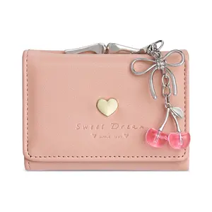Cute Cherry Bow Charm Small Wallet for Women, Coquette Aesthetic Tri-fold PU Leather Card Holder with ID Window & Kiss Clasp, Mini Compact Purse for Girls Gift