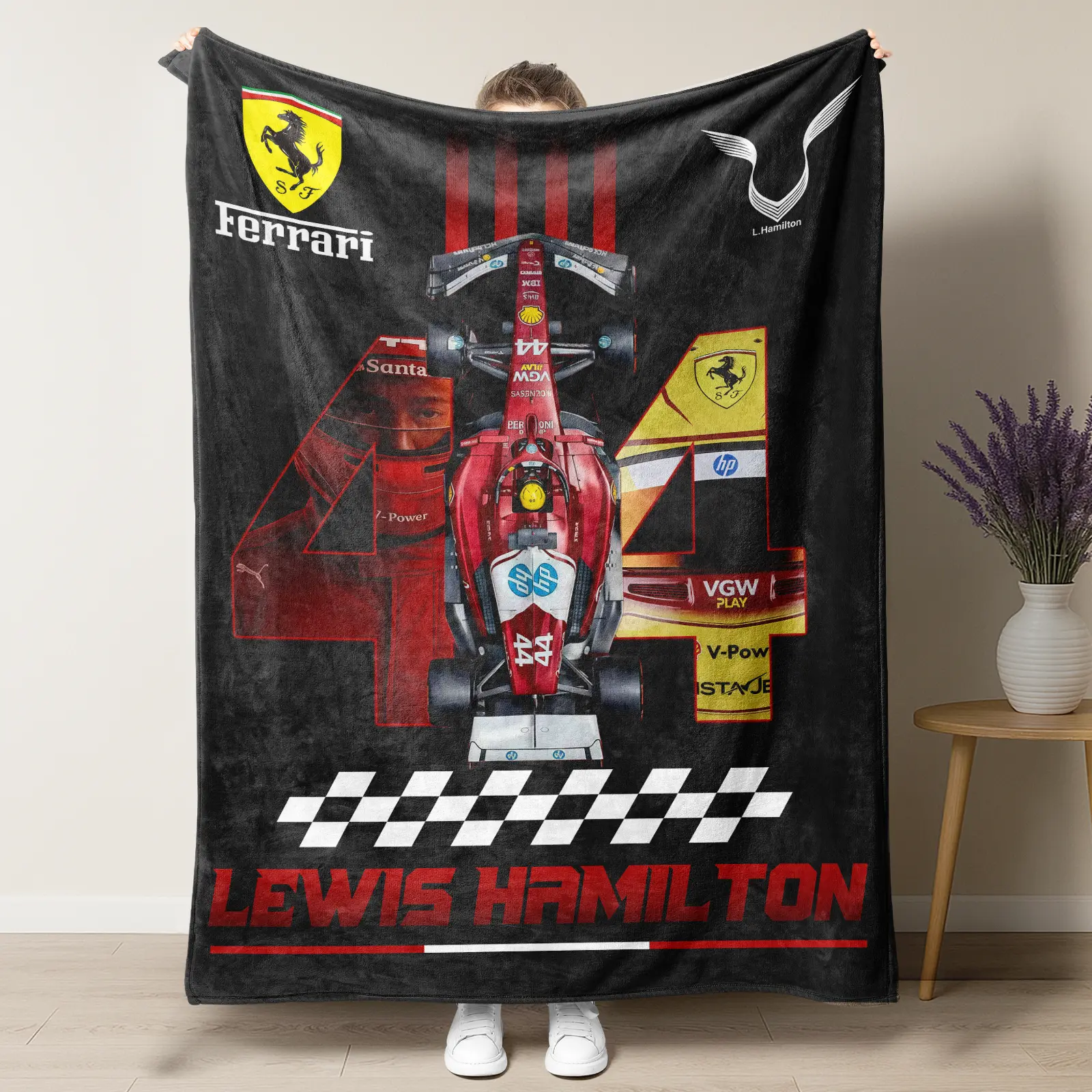 UVVUVV - Lewis Hamilton x Ferrari # 44 F1 Blanket – Bold Racing Design Featuring the Iconic Driver, Ferrari Car & Checkered Flag, Perfect for Motorsport Enthusiasts