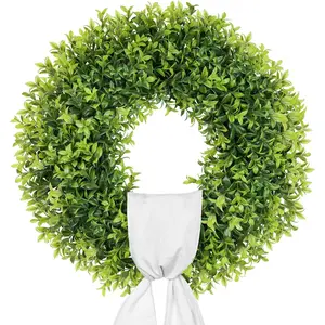 22 Inch Artificial Boxwood Wreaths for Front Door, Summer Door Wreath with Sash, Spring Green Wreath Weatherproof for Wall Window Porch Farmhouse Wedding Decor All Year Round Indoor Outdoor