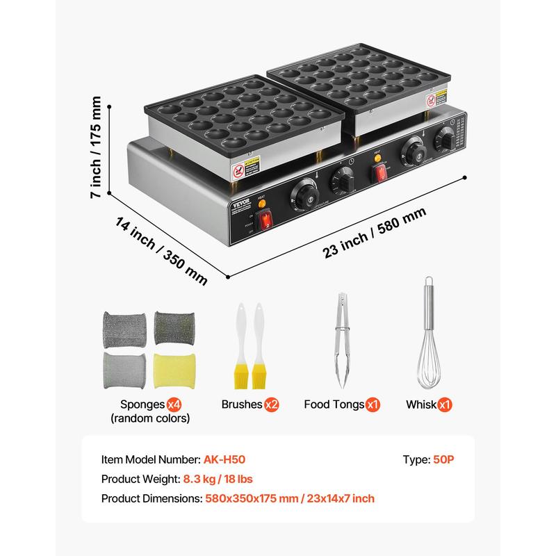 VEVOR 50PCS Mini Dutch Pancake Maker, Non-stick Stainless Steel Dorayaki Baker, 1800W Commercial Electric Poffertjes Grill Pan, Dual Temp & Time Control, for Kitchen Restaurant Breakfast Dessert