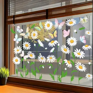 Spring Daisy Window Stickers Set, 4 Sheets with 49 Pieces, Static Cling Glass Decals, No Glue Needed, Room Display Decorations