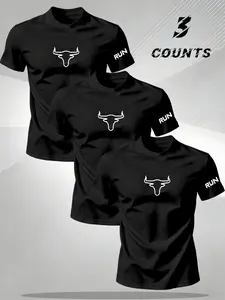 American Street Style Bull Print Men's Sports T-Shirt, Summer Simple Letter Short Sleeve, Breathable Fitness Running Top, Fashion Male Clothing
