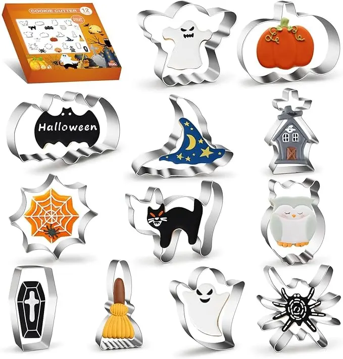 12Pcs Halloween Cookie Cutters Set - Stainless Steel Sandwich Cutter Shapes, Pumpkin Ghost Bat Cat Coffin Broom Spide Hat Shapes Biscuit Cookie Fondant Cutters for Halloween Food Party Decorations