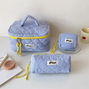 Colorful Gingham Pattern Storage Bag Set, 3 Counts/set Make Up Sundries Storage Bag with Handle, Portable Travel Storage Bag for Indoor & Outdoor, Travel Cosmetic Bags, Zip, Travel Essentials, Gifts For Women