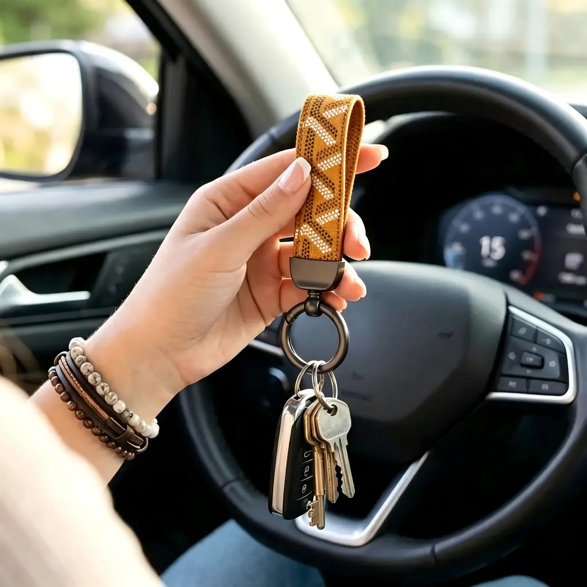 Leather Print Metal Horseshoe Keychain with Split Ring,Women's Leather Bag & Car Multifunctional Stylish Keychain - Metal Keyring, Woven Strap, Braided Rope, Screwdriver Carabiner Clip, for Household, Office, Bicycle Keys & Bag Accessories