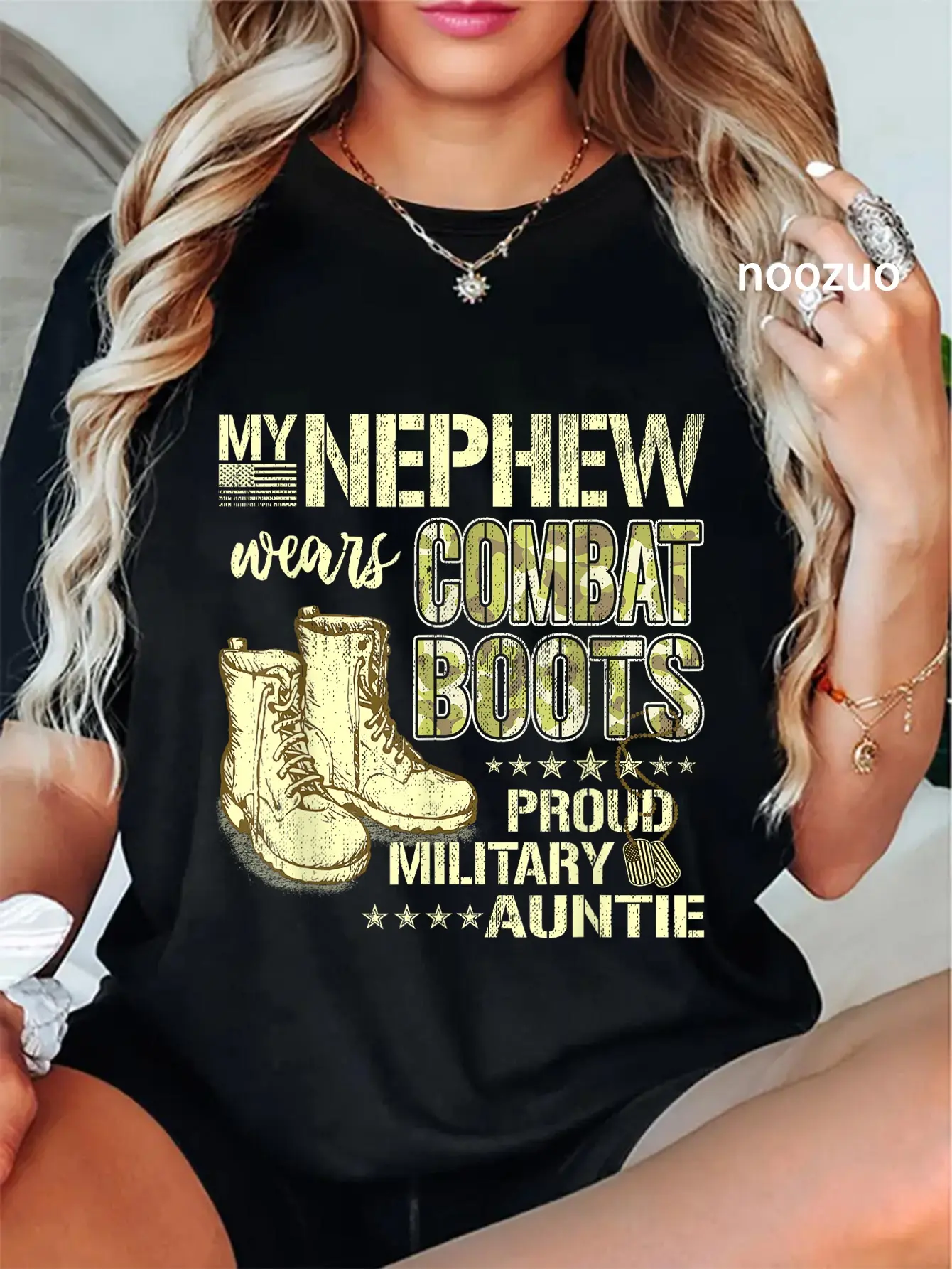 100% Cotton My Nephew Wears Combat Boots Dog Tags Proud Military Auntie Men Women T-Shirt