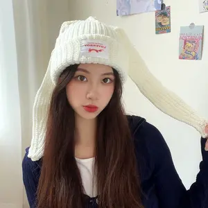 Korean Style Cute Bunny Long Ears Knitted Beanies Hat for Women,  Casual  Soft Comfortable Funny Hats,Winter Warm Thickened Ear Protection Cold Weather Beanie Fashionable Autumn Durable