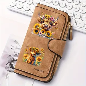 1pc Highland cow sunflower pattern women's long wallet, multi-functional wallet, portable snap coin purse, birthday gift and daily commuting essential, perfect holiday gift, suitable for outdoor, travel and family use, 2.25CYJ-1