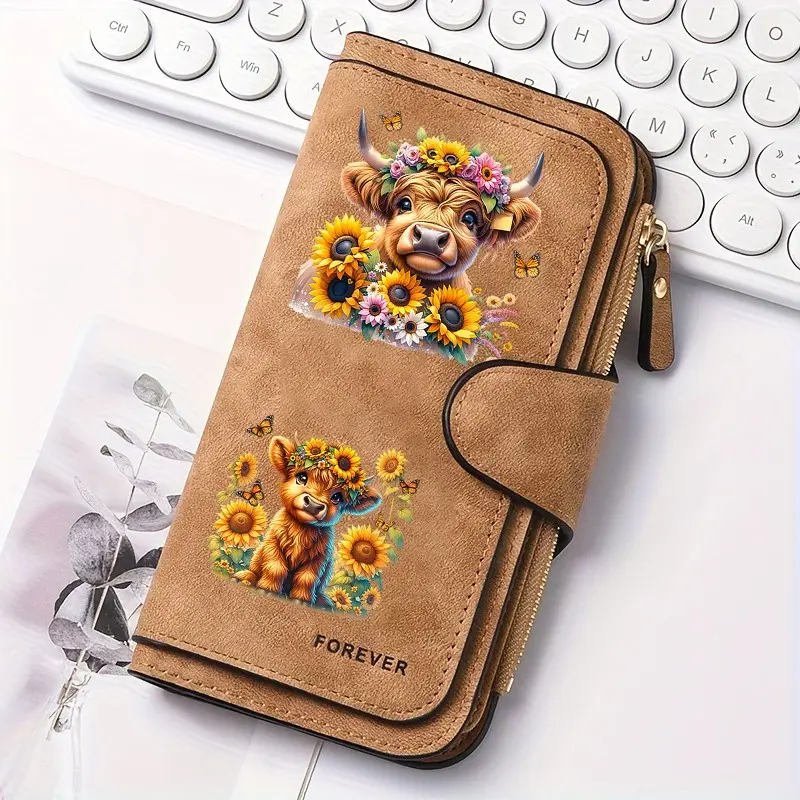 1pc Highland cow sunflower pattern women's long wallet, multi-functional wallet, Fashion Wallet, portable snap coin purse, birthday gift and daily commuting essential, perfect holiday gift, suitable for outdoor, travel and family use, 2.25CYJ-1