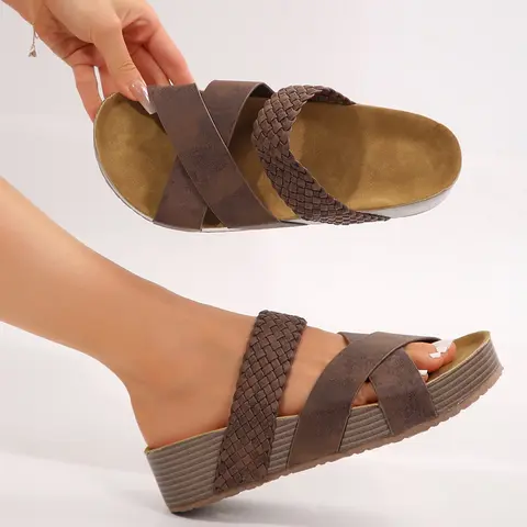 Women Sandals Beach Sandals Lightweight Slip-On Braided Cross Casual Solid Color Slippers