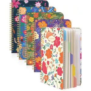 Spiral Notebooks 5 Subject 5-Pack College Ruled Hardcover with Removable Dividers 160 Pages/80 Sheets Each, A5(8.5 "x 5.7") Cute Blooming Floral, for Students Office Business Diary Book