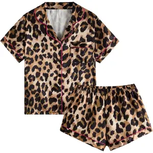 Women's 2 Piece Stain Pajama Set Leopard Button Front Short Sleeve Cheetah Collar Shirt and Shorts Sleepwear Set Pjs
