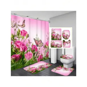 1/4pcs Romantic Butterfly & Floral Polyester Waterproof & Heat Insulation Bathroom Shower Curtain With 12 Hooks, Or 4pcs 1.3cm Thick Memory Foam Anti-Slip Bathroom Mat Set, Bathroom Curtain & Bathroom Set For All Scenarios Bathroom Decor