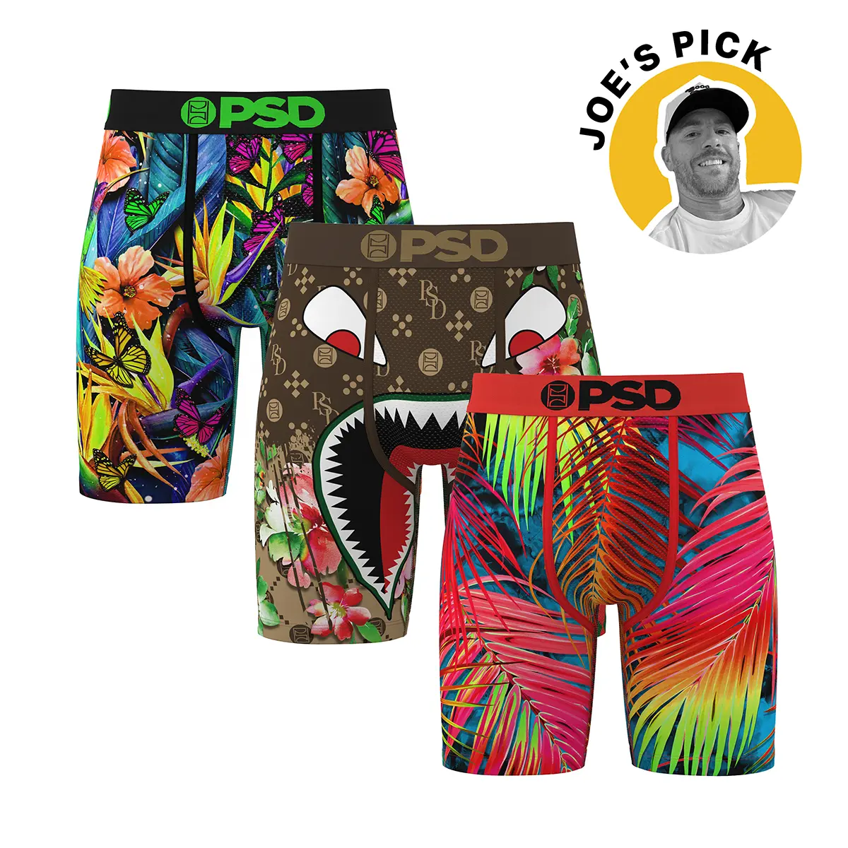 PSD Underwear x Joe’s Pick - Men’s Tropical Boxer Brief 3-Pack, TikTok Exclusive Bundle, Standard Length 7 Inch Inseam, Soft and Breathable Poly Blend Fabric