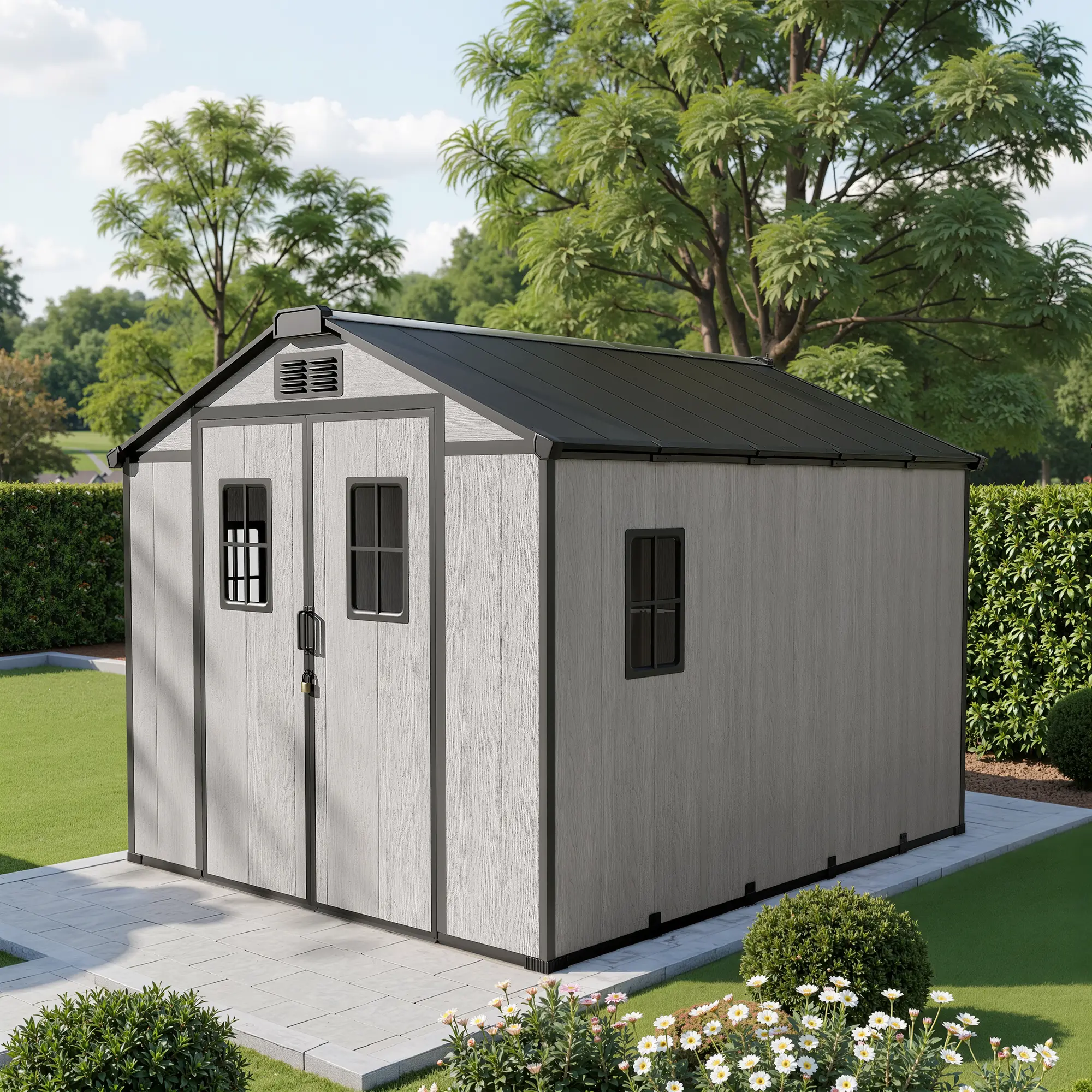 【Summerfinds】Ovios Resin Outdoor Storage Shed With Floor (8 x 10 Ft), Patio Storage Cabinet with Skylights, Vents and 4 Windows Weather Resistant Gray Organization for Home/Backyard/Garden Tools/Lawn Mower/Bike Storage/Pool Supplies