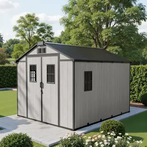 Ovios Resin Outdoor Storage Shed With Floor (8 x 10 Ft), Patio Storage Cabinet with Skylights, Vents and 4 Windows Weather Resistant Gray Organization for Home/Backyard/Garden Tools/Lawn Mower/Bike Storage/Pool Supplies