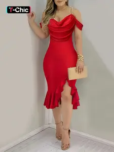 Women's Faux Pearl Decor Cold Shoulder Ruffle Hem Dress, Elegant Chic Backless High Low Hem Bodycon Dress for Party Club Dating Evening Wear, Women's Clothing for Fall & Winter