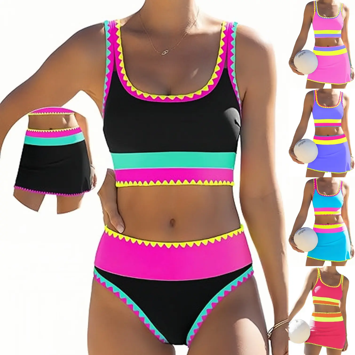 Women's 3-Piece Colorblock High-Waisted Bikini Set - Matching Bathing Suit with Beach Cover-Up & Sarong for Summer Vacation, Pool Party, Bikini Sets, Swimsuit For Women