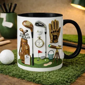 Personalized Golf Mug, Custom Name Coffee Cup, Golfer Equipment Design, Sports Hobby Aesthetic, Gift for Golf Lovers