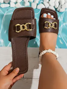 Women's Square Toe Slip-On Sandals, Metal Buckle Design, Soft Sole Comfortable Anti-Slip, Casual Daily Wear & Vacation, PU Leather Sandals