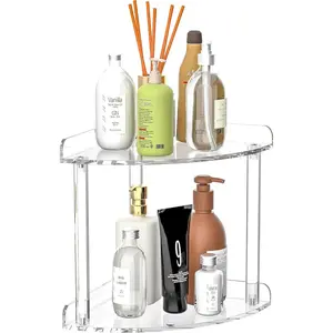Sezanrpt 2 Tier Countertop Corner Organizer Shelf 7x7x8 Inch, Acrylic Bathroom Organizer Corner Shelf for Countertop, Clear Vanity Storage Organizer for Skincare, Cosmetics, Perfume