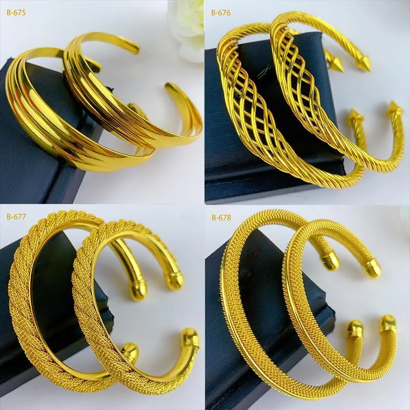 Women's 24K Gold Color Cuff Bangles - Dubai Fashion Design, Daily Wear Costume Jewelry, Wedding Gifts for Ethiopian Audience, Bangle