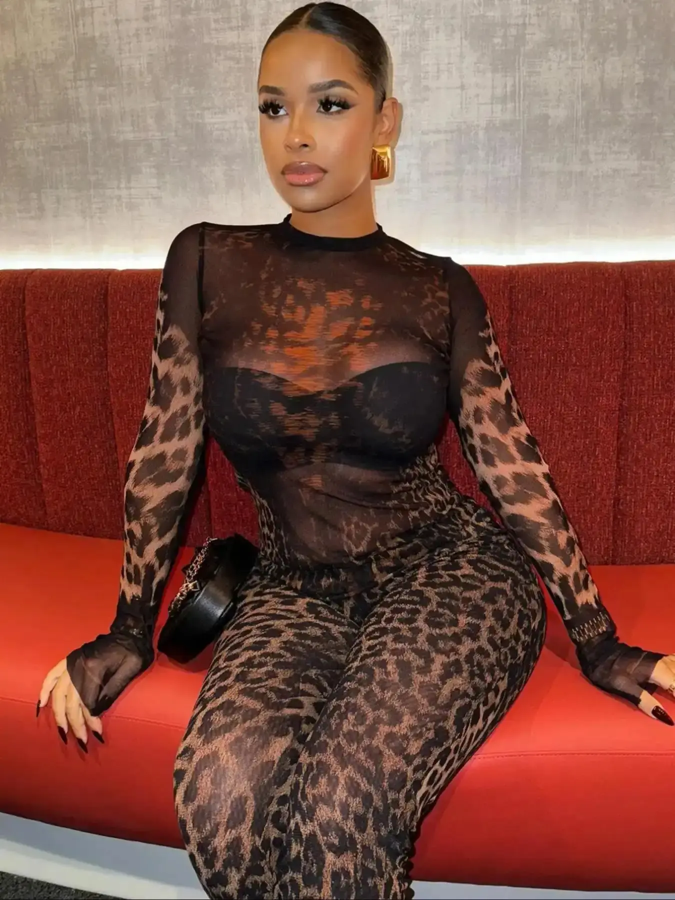 Women's Leopard Print Sheer Mesh Jumpsuit, Sexy Fashion Long Sleeve Crew Neck for Party Club Holiday, Clothes Spring & Fall, Womenswear, Simple Style, Versatile, Wedding Guest, Relaxed Fit, Chic, Daily Wear