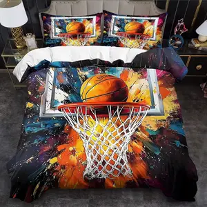 3pcs Basketball Graffiti Print Blanket Set, Soft Polyester Fabric, Zipper Design, Modern Style Bedding Essentials, Bedroom Bedding Set