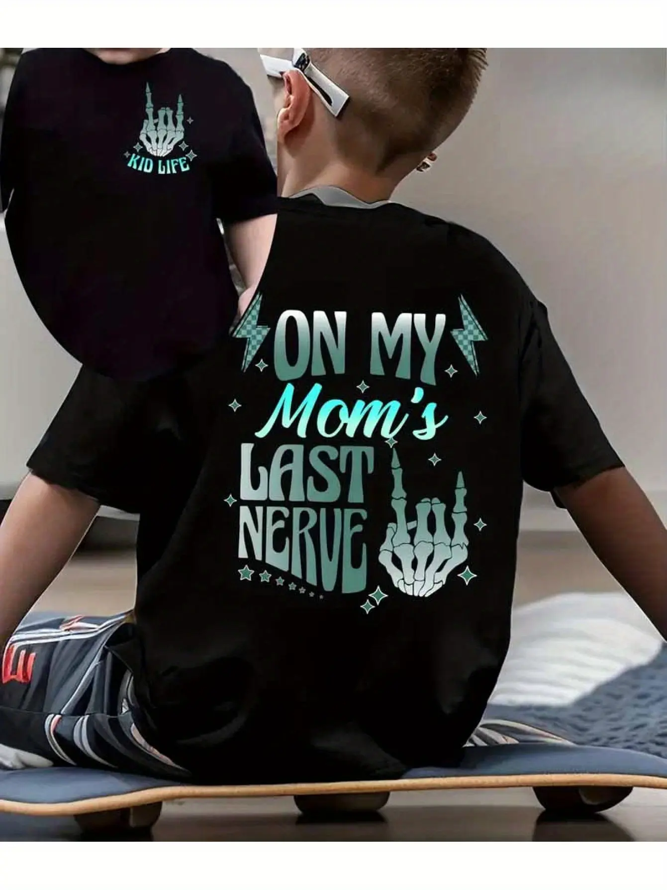 Boys On My Mom’s Last Nerve T-Shirt Double Sided Gradient Green Skeleton Hand Kid Life Graphic Short Sleeve Cotton Kids Tee Funny Mom Quote Streetwear