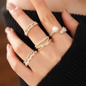 14k Gold Plated Ring With Zircon Inlays, Cross Hollow-Out Design, Pearl Accent, DDJZ0006 Open Style - A Niche, High-End And Versatile Piece Of Jewelry