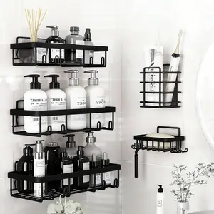 bathroom sets full set 5-Piece Corner Shower Organizer, No Drilling Rustproof Stainless Steel Bathroom Storage Rack with Hooks, Large Capacity Adhesive Shampoo Basket Set Black