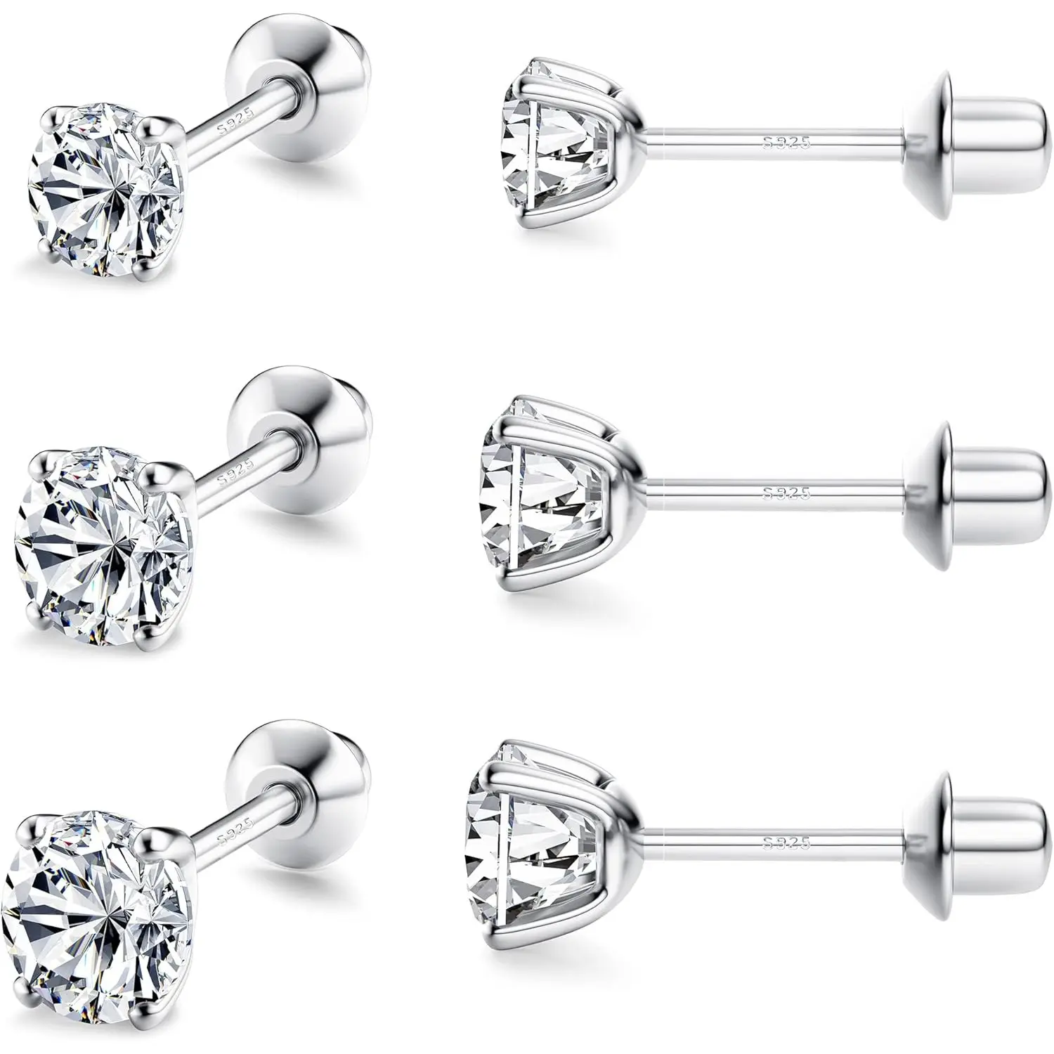 MILACOLATO 925 Real Silver Screw Back Earrings - 3MM/4MM/5MM Multi-Size, Hypoallergenic Cubic Zirconia, Sparkly Daily Wear Jewelry for Women (Ages 36+ Months), 925 Real Silver Earrings, Boxed Luxury Earrings