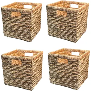 Wicker Storage Cubes 12x12 Set of 4, Heavy Duty Hyacinth Storage Baskets, Baskets for Organizing, Storage Woven Basket, Collapsible Storage Cubes, Rattan Basket, Ikea Kallax Inserts (Water Hyacinth)