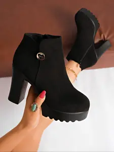 Elegant High Heel Short Boots for Women, New Fashion Waterproof Thick Sole Round Toe Ankle Booties, Stylish and Versatile Footwear, Winter Boot Shoes, Western Ankle Boots