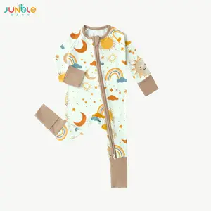 JUNBLEBABY Unisex Baby Bamboo Fiber Long Sleeve 1-Piece Bodysuit - Soft Fabric, Double Zippers, Sun/Star/Moon Prints, Reversible Footed Cover, All Seasons Baby Item, Zipper