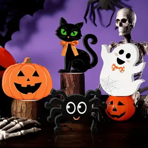 A set of 4 wooden Halloween decorations, including pumpkins, spiders, and black cat elements.Autumn decorations perfect for Halloween party table centerpieces, fall decorations trays, and 3D decorations.
