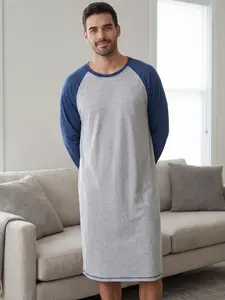 Men's Sleepwear（nightgown） Blue Color Block Design, Comfortable Lightweight Fabric, Ideal for Spring & Fall Seasons, Basic Style