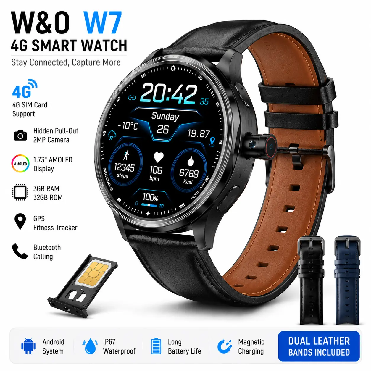 2026 Trendy 4G LTE Smart Watch, Perfect Father's Day Gift for Men, AMOLED Display Fitness Watch with Camera & DIY Dial, Answer/Make Call/Message, 100+ Sport Modes, Smartwatch for iPhone Android, Black