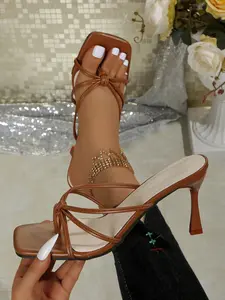 Women's Minimalist High Heel Sandals, Thin Strap Knot Design, Square Toe Low Heels, Summer Fashion and Comfort, PU Leather Upper, Footwear
