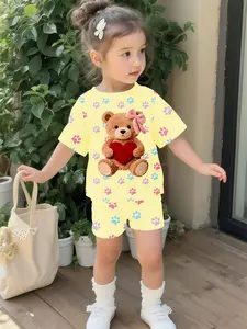 Cute Heart-themed Gift Set for Baby Girls, Digital Printed 100% Polyester Short-sleeve Toddler Outfit, Adorable Casual Wear for Infant Girls, Baby Clothing, Suitable for Daily and Outdoor Sports T-shirts, a Perfect Gift for Babies