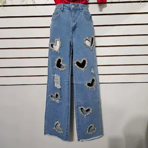 Vanesa Blue Hearts Rhinestone Jeans Women Denim Womenswear Bottom