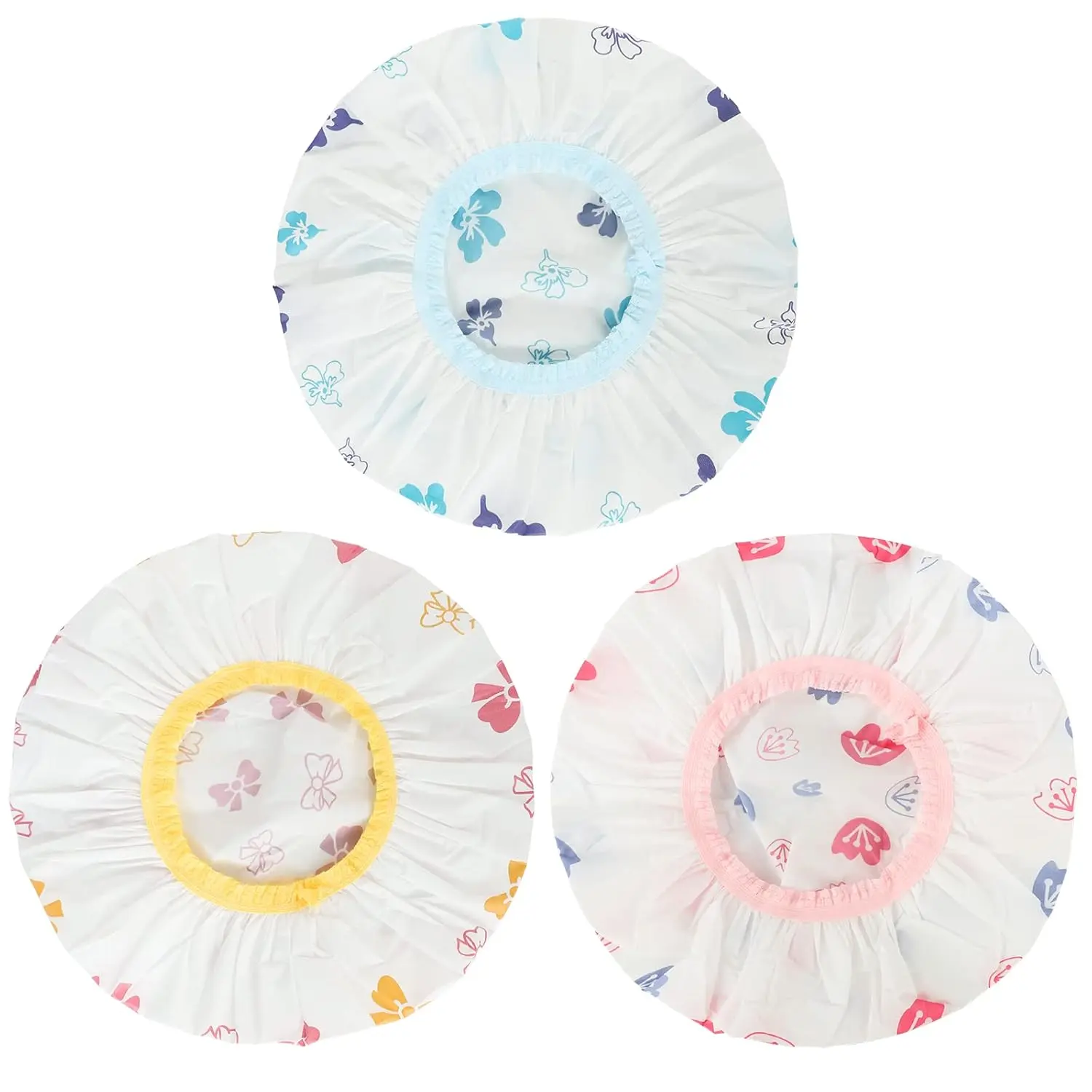 P-KCP07   Waterproof Shower Caps, 3 Pcs Plastic Reusable Shower Caps Elastic Band Bath Caps for Women, Kids (Flower)