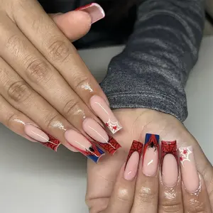 Latest French Long Tube Spider Web Nail Art, Reusable Press-On Fake Nails Set with Glossy Finish for Women, Party Dating Daily Wear Nails Fashion Decor False Nail Tips