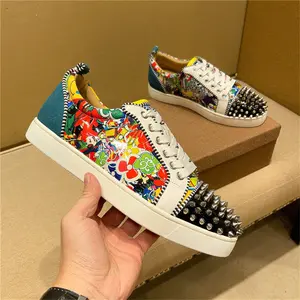 Luxury Designer Graffiti Floral Sneakers with Metal Spikes – Colorful Street Style Shoes for Men & Women