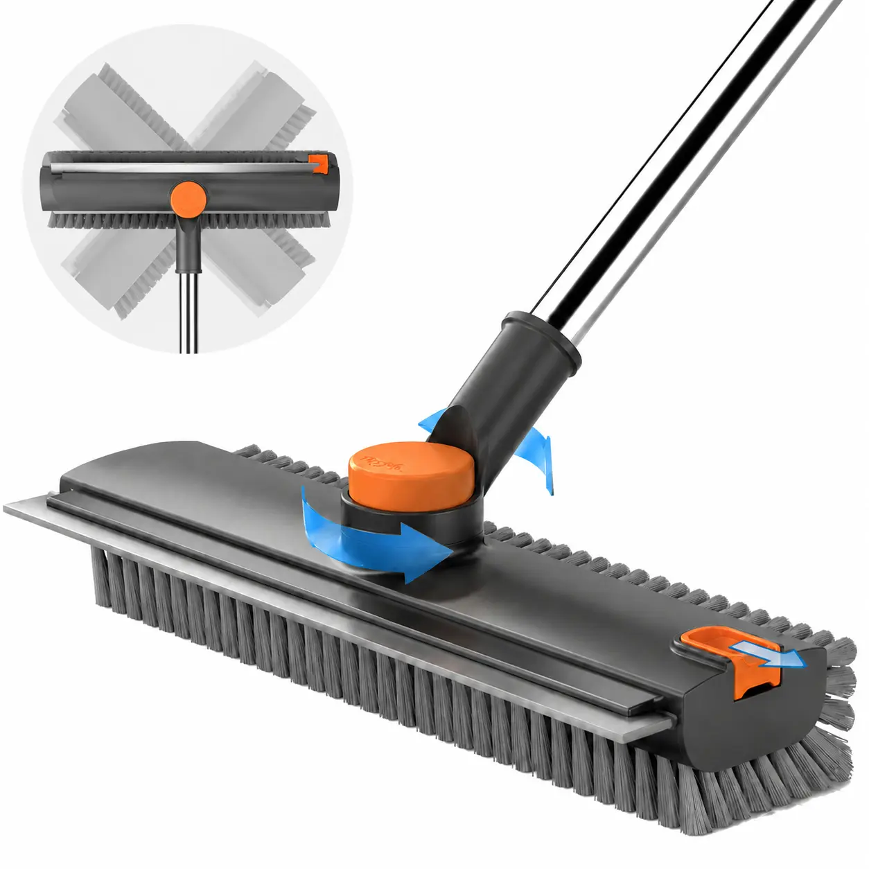 3 in 1 Floor Scrub Brush with Long Adjustable Handle,360° Rotatable Stiff Bristle Grout Cleaner with Squeegee,Heavy Duty Shower Tile Bathtub Mold Cleaning Brush Scrubbing Stick