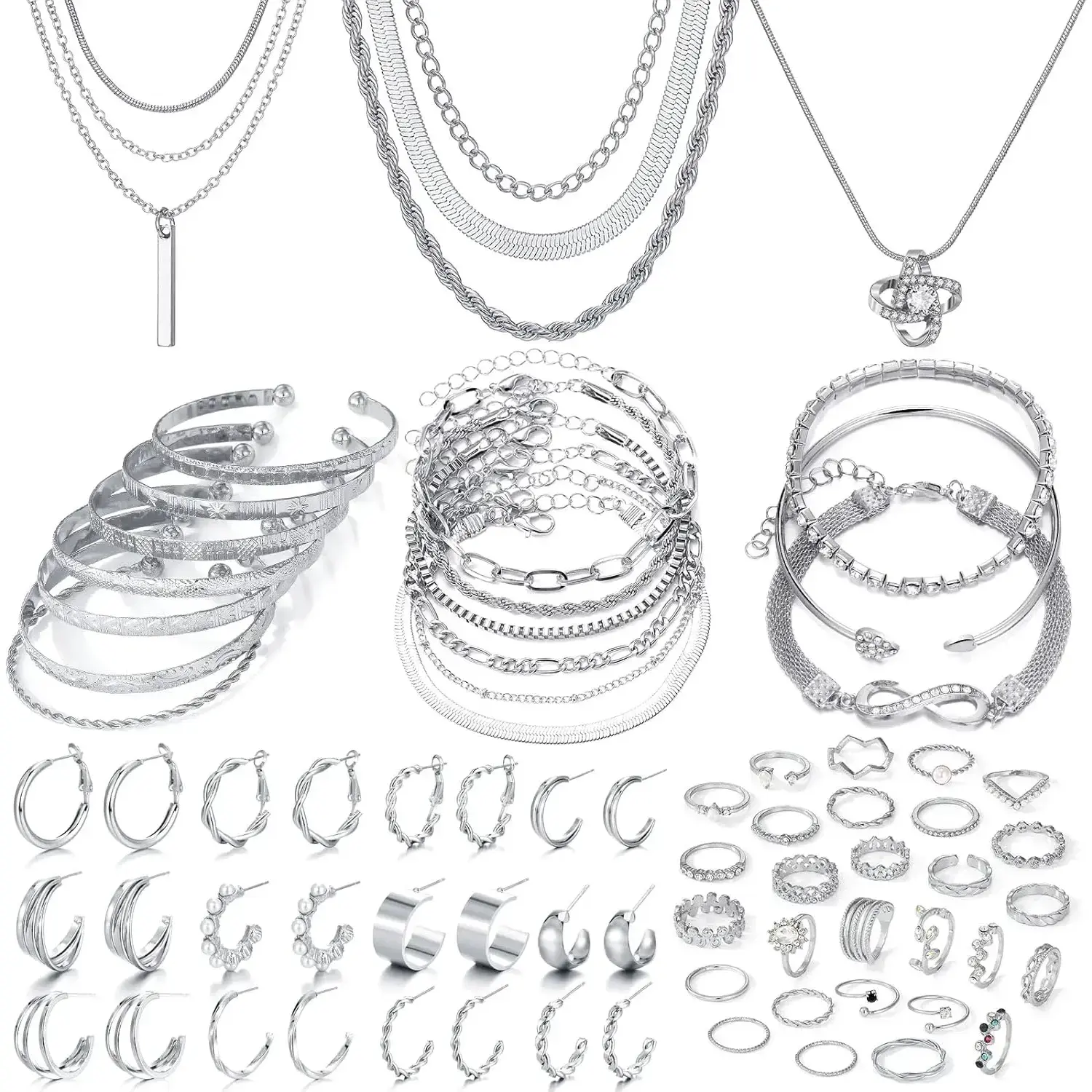 Elegant 36 Piece Jewelry Set for Women, Boho Silver Plated Layering Necklaces, Bracelets, Knuckle Rings & Ear Cuffs, Hypoallergenic Gift for Mother's Day, Elegant Jewelry Set