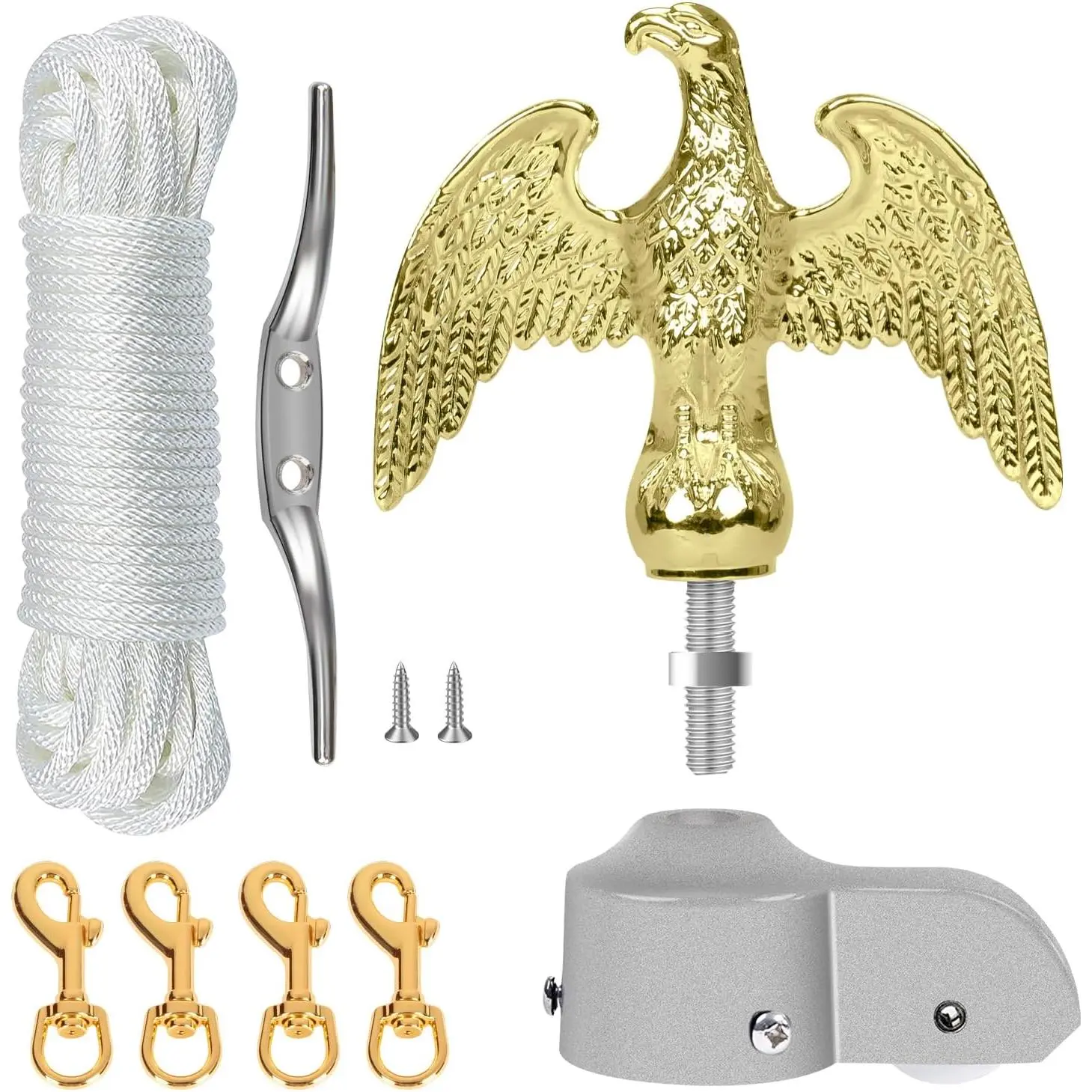 Flagpole Hardware Repair Parts Kit,50FT Halyard Rope+7" Eagle Topper+6" Zinc Alloy Cleat+4 PCS Metal Swivel Snap Clips+Aluminum Alloy Flagpole  with Pulley for 1.6"-2" Flag Poles()