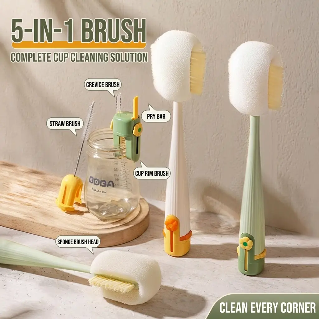 5-in-1 Bottle & Straw Cleaning Brush – Multifunctional Tool for Bottles, Cups & Straws, Perfect for Kitchen & Tableware Cleaning