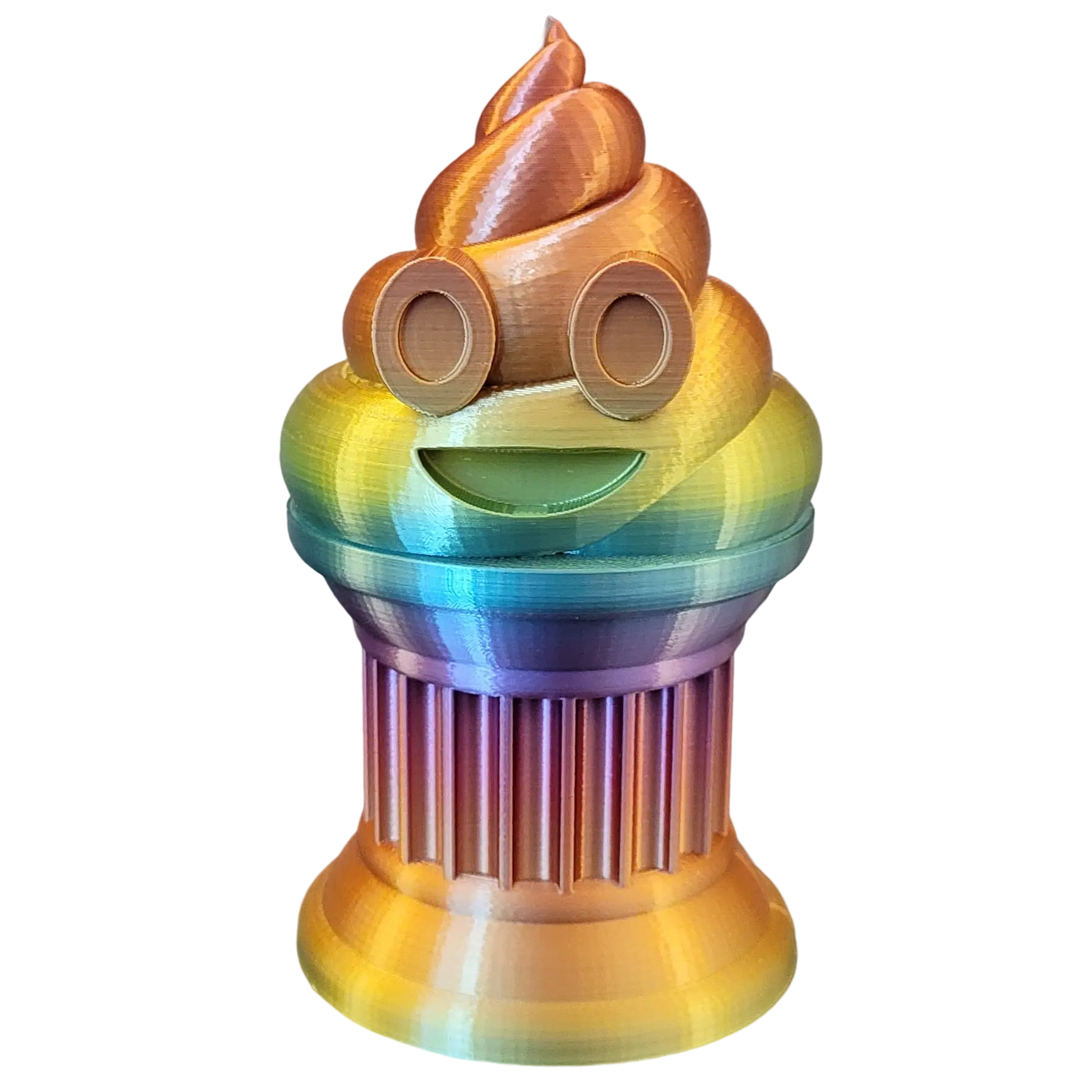 Znet3D Poop Emoji Trophy - Perfect Award or Gift - Handmade w/Additive Manufacturing - 6" inches Tall - Featuring a Solid Silk Rainbow Poop Emoji on a Column Pillar