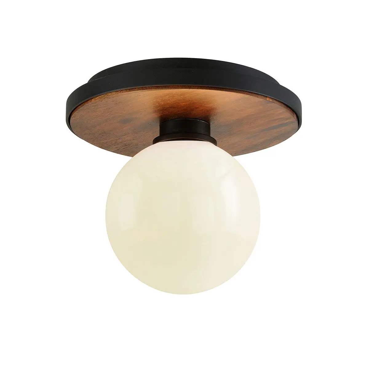 Cadet Flush Mount Ceiling Light - Natural Acacia Wood & Hand-Worked Iron with White Glass Diffuser